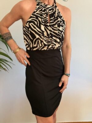 y2k zebra print halter dress with black fitted skirt