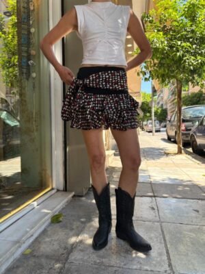 Alternative view of y2k deadstock mini patterned skirt with frills, side belt and elastic waist