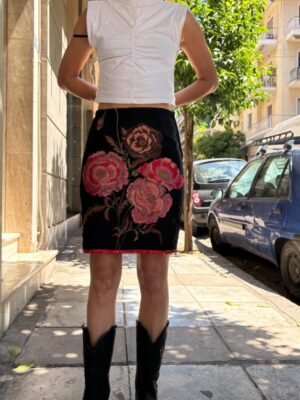 Alternative view of vintage asian style mini skirt with big flower embroidery on the front and back