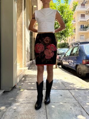 vintage asian style mini skirt with big flower embroidery on the front and back