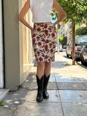vintage ivory jacquard skirt with roses print