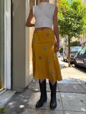 y2k mustard yellow mermaid skirt with flowers