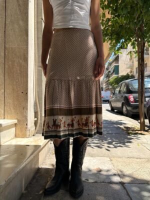 vintage midi skirt with delicate all over print and detailing hem featuring ancient chariot motifs