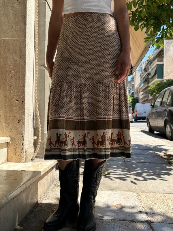 vintage midi skirt with delicate all over print and detailing hem featuring ancient chariot motifs - Image 3