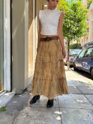 vintage beige boho super maxi skirt with metallic fibres elastic waist