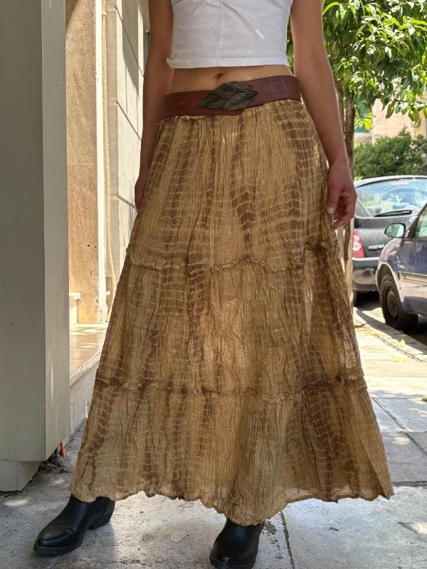 vintage beige boho super maxi skirt with metallic fibres elastic waist - Image 3
