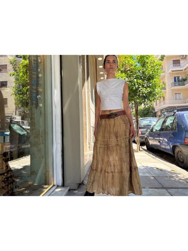 vintage beige boho super maxi skirt with metallic fibres elastic waist - Image 4