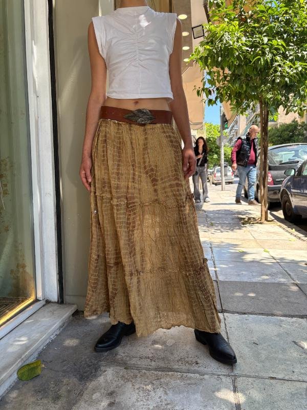 vintage beige boho super maxi skirt with metallic fibres elastic waist - Image 5