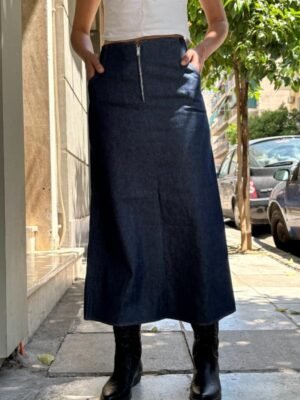 vintage denim midi A line skirt with pockets at the back