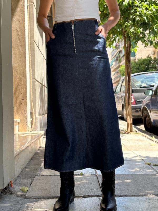 vintage denim midi A line skirt with pockets at the back
