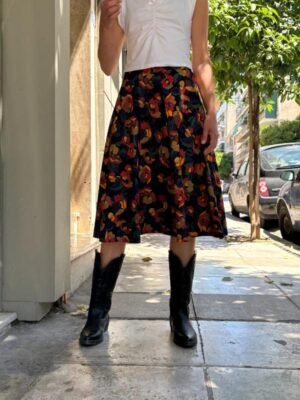 vintage black floral flare skirt