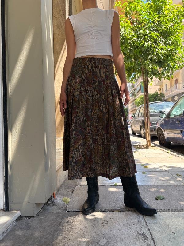 90's vintage viscose blend abstract patterned midi skirt with pleats in earthy tones - Image 2
