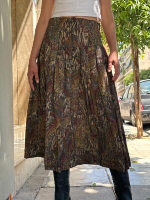 90's vintage viscose blend abstract patterned midi skirt with pleats in earthy tones