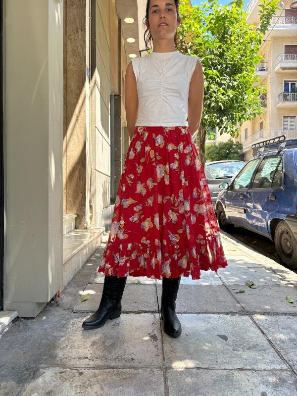 vintage red floral midi skirt with frill on the hem - Image 2