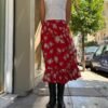 vintage red floral midi skirt with frill on the hem