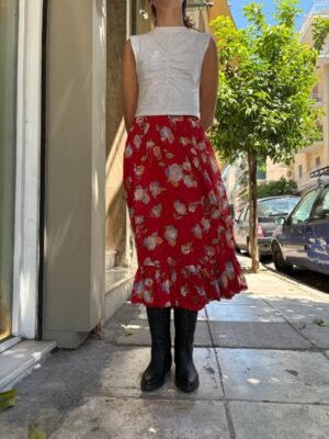 vintage red floral midi skirt with frill on the hem