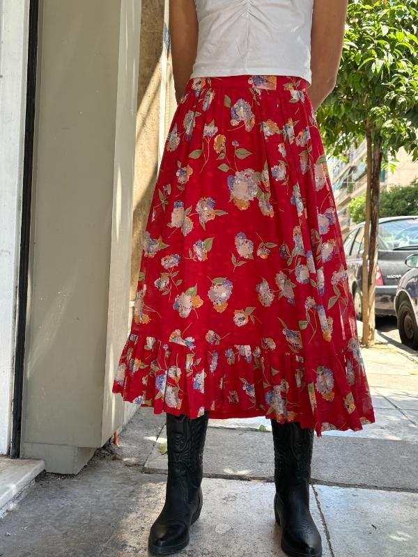 vintage red floral midi skirt with frill on the hem - Image 3