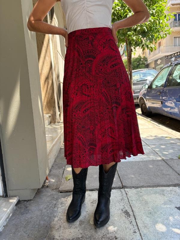 vintage red paisly midi pleated skirt