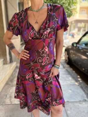 y2k satin floral printed dress featuring flare skirt and deep V neck