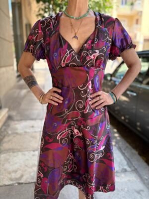 y2k satin floral printed dress featuring flare skirt and deep V neck - Image 3