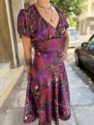 y2k satin floral printed dress featuring flare skirt and deep V neck