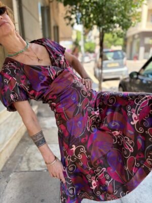 y2k satin floral printed dress featuring flare skirt and deep V neck - Image 5