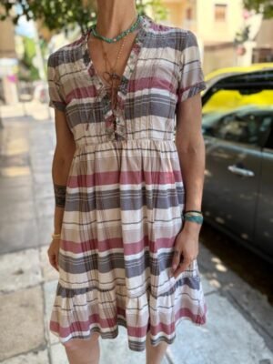 y2k stripped dress with frill hemline and deep V neck