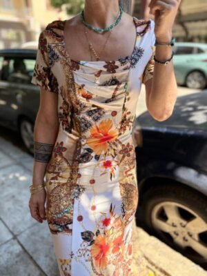 y2k jersey  floral print midi asymmetric dress with square neckline - Image 3