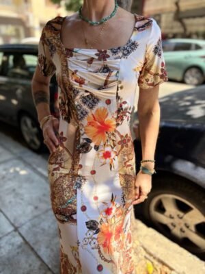 y2k jersey  floral print midi asymmetric dress with square neckline - Image 4