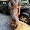 y2k jersey floral print midi asymmetric dress with square neckline