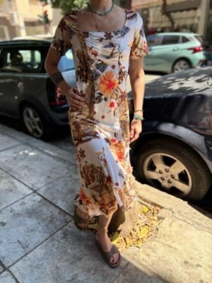 y2k jersey floral print midi asymmetric dress with square neckline