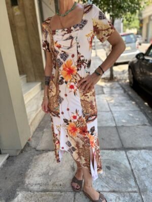 y2k jersey  floral print midi asymmetric dress with square neckline - Image 5