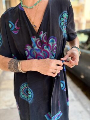 vintage silk patterned off black wrap mini dress with deep V neck - Image 7