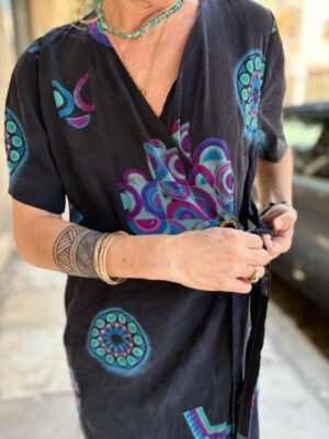 vintage silk patterned off black wrap mini dress with deep V neck - Image 6