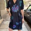 vintage silk patterned off black mini dress with deep V neck