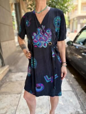 vintage silk patterned off black mini dress with deep V neck