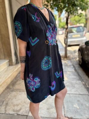 vintage silk patterned off black wrap mini dress with deep V neck - Image 4