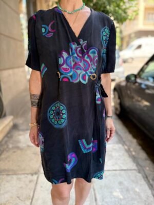 vintage silk patterned off black wrap mini dress with deep V neck - Image 3