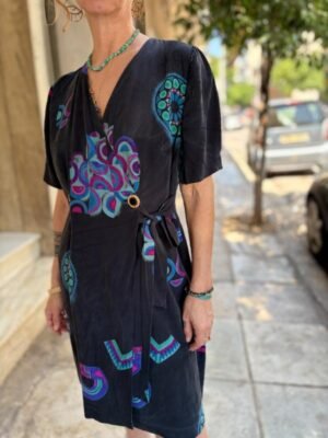 Alternative view of vintage silk patterned off black wrap mini dress with deep V neck
