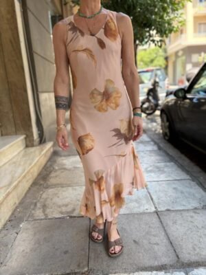 y2k beige pink floral asymmetric dress