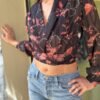vintage floral sheer wrap crop top with padded shoulders