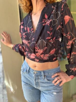 vintage floral sheer wrap crop top with padded shoulders
