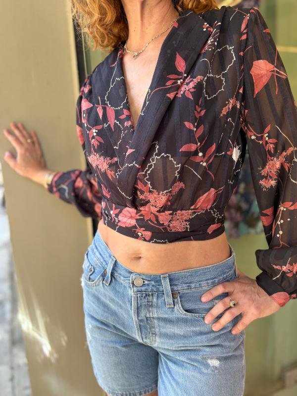 vintage floral sheer wrap crop top with padded shoulders