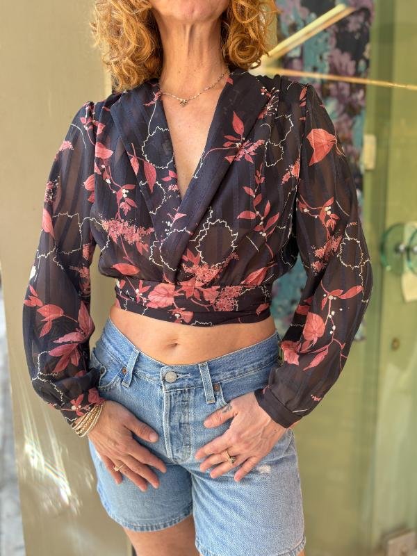 vintage floral sheer wrap crop top with padded shoulders - Image 2