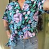 vintage floral shirt/top with padded shoulders and side waist bow