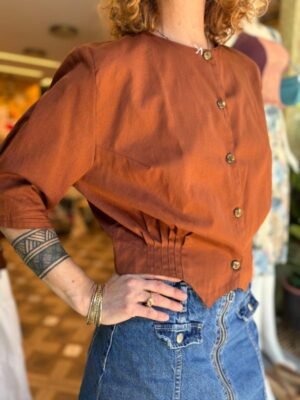 vintage rusty brown cotton shirt with waist pleats