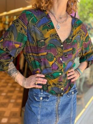 vintage handmade abstract patterned shirt with 3/4 sleeves