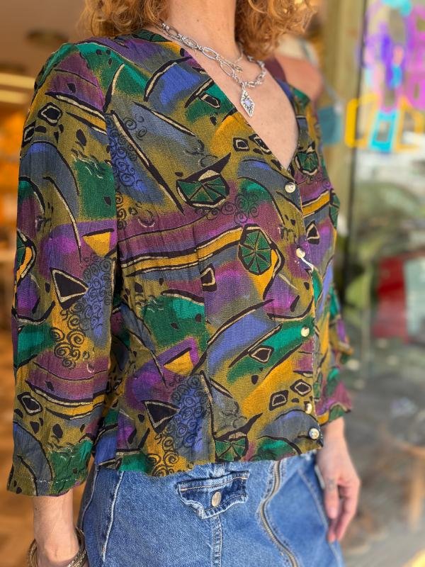 vintage handmade abstract patterned shirt with 3/4 sleeves - Image 2