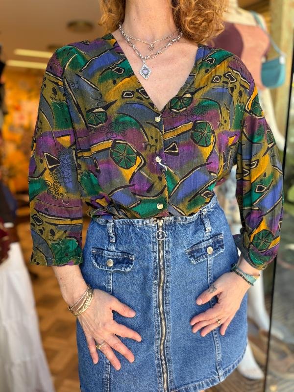 vintage handmade abstract patterned shirt with 3/4 sleeves - Image 3