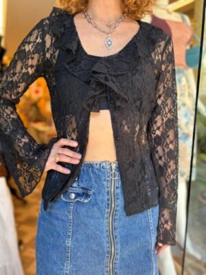 y2k Sisley black lace shirt with frills on the front part
